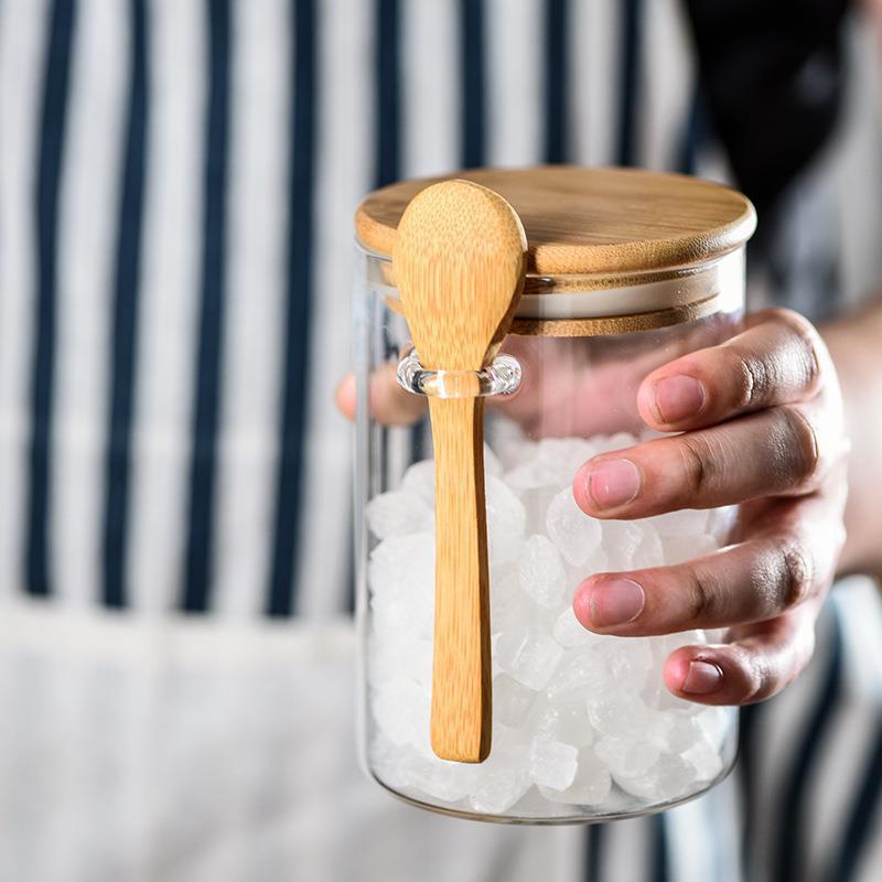 Glass Jars with Bamboo Lids and Spoons Spice Beans Tea Glass Canisters Sealed Container for Yogurt Oatmeal Kitchen Accessories