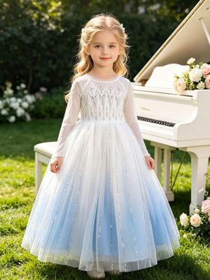 Elsa-Style Embroidered Beaded Girls' Ice Queen Dress: Birthday and Piano Performance Gown