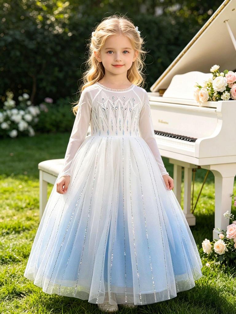 Elsa-Style Embroidered Beaded Girls' Ice Queen Dress: Birthday and Piano Performance Gown
