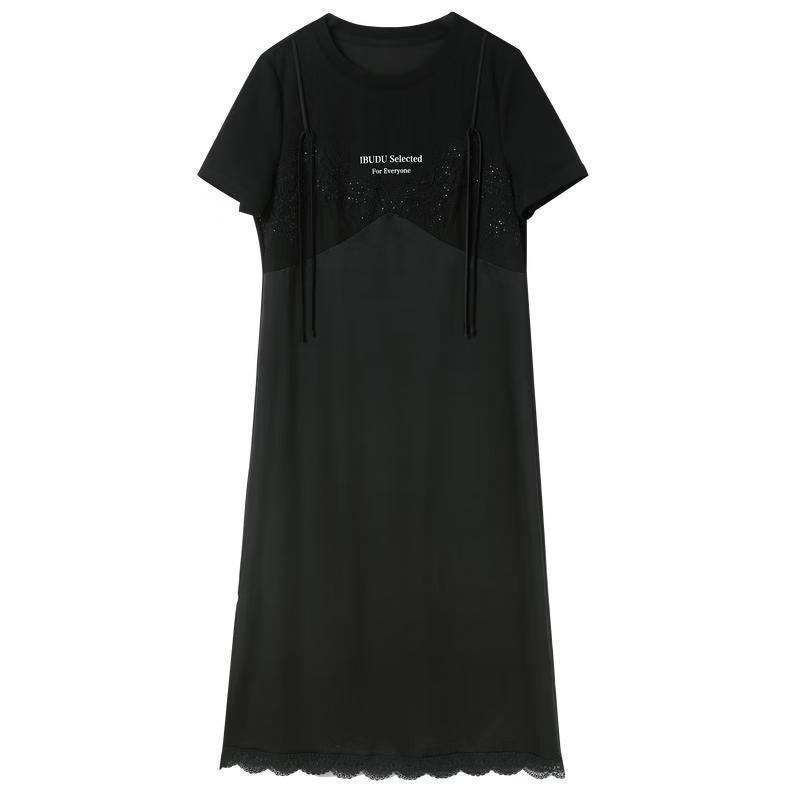 Sancai 2026 Spring Faux Two-Piece Short Sleeve Dress S