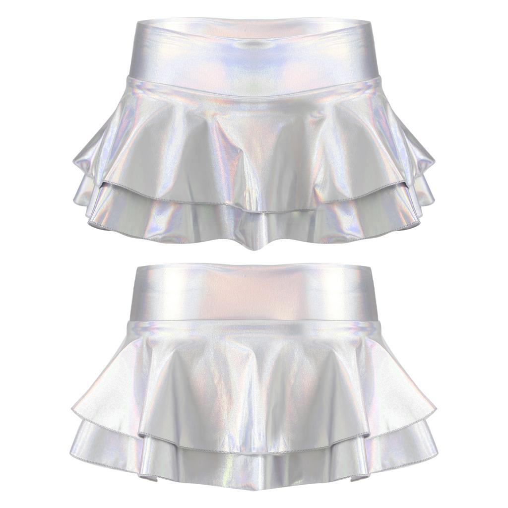 Womens Shiny Metallic Low Rise Ruffled Pleated Mini Skirts Rave Party Clubwear