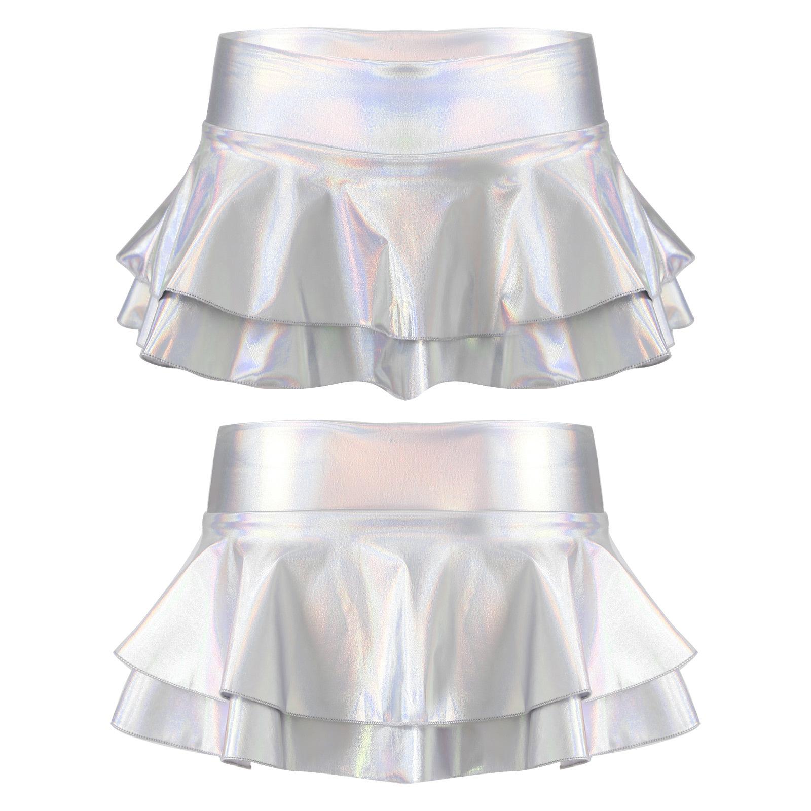 

Womens Shiny Metallic Low Rise Ruffled Pleated Mini Skirts Rave Party Clubwear