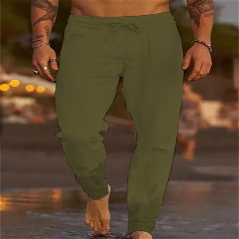

2026 Men s Solid Color Drawstring Cotton-Linen Loose Beach Pants XXXL зелений