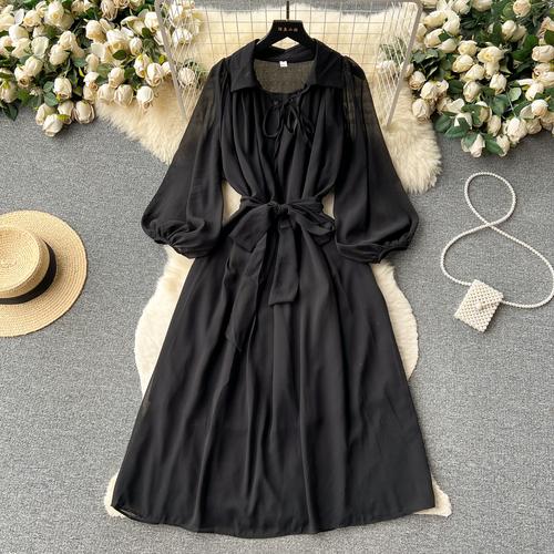 Francouzské šik Maxi šaty pro ženy Sklopný límec Lucerna Rukáv Šněrovací Dámské letní šaty Dámské Vestidos Dropship