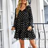 Women's Fashion Long Sleeve V-Neck Pleated Polka Dot Casual Loose High Waist Dress