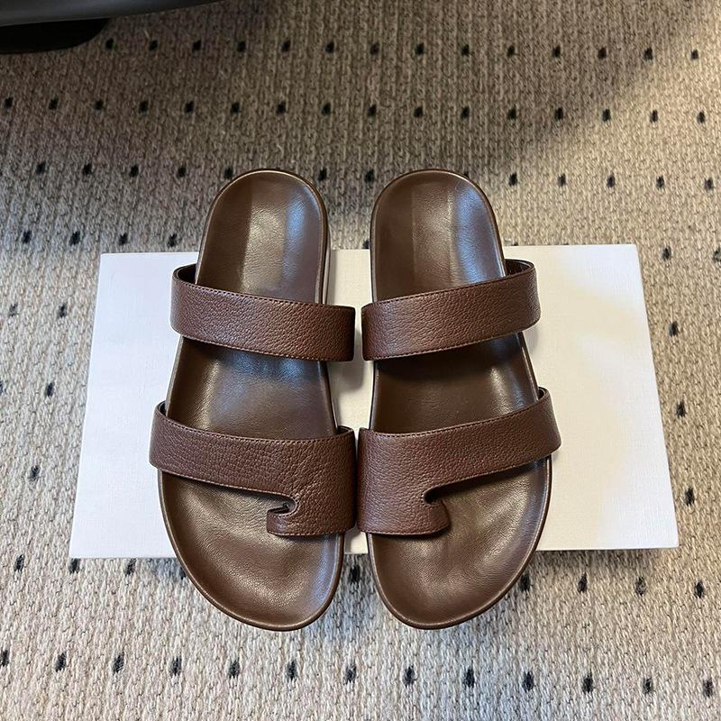 

Sheepskin~ Retro style simple set-toed leather flat-bottomed slippers women s summer versatile outer wear beach one-word cool slippers 40