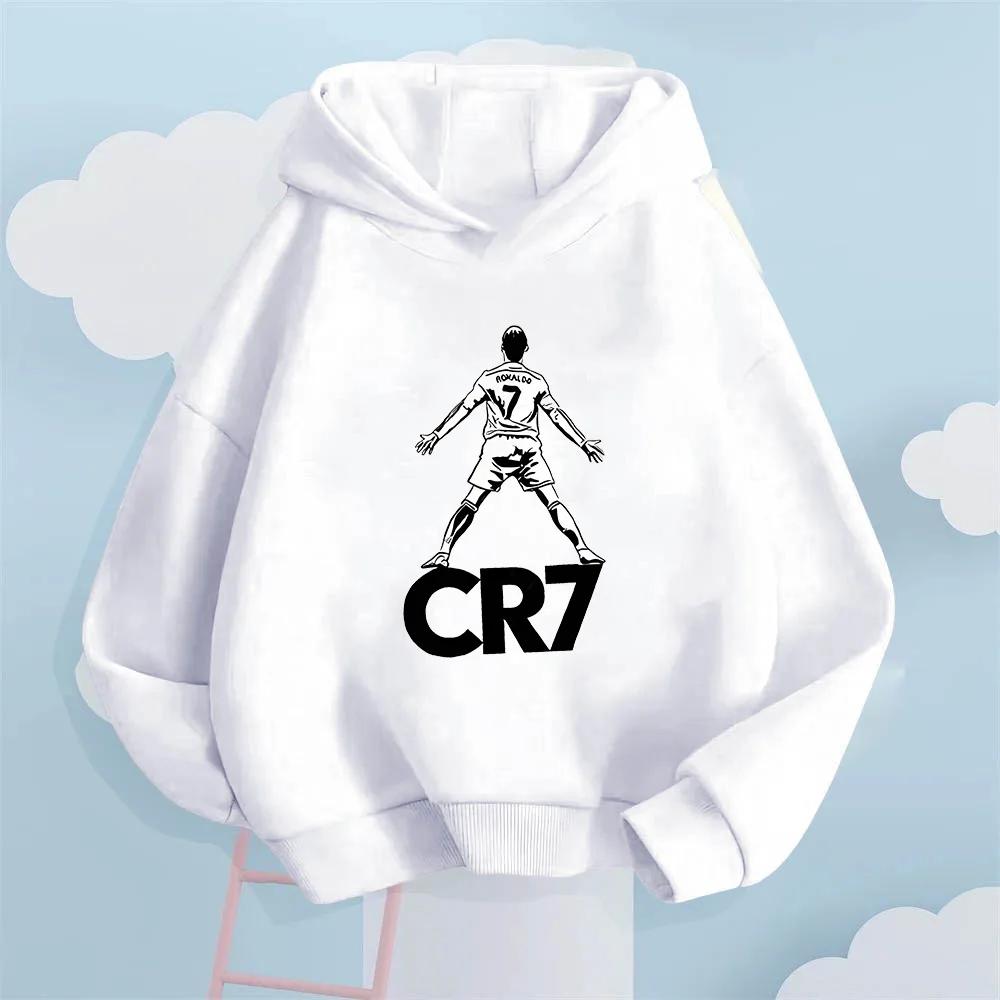 Kids CR7 Ronaldo HoodieChildren White Drawstring Hooded Sweatshirt Football Star Graphic Print Casual Pullover Top Sports Outfit