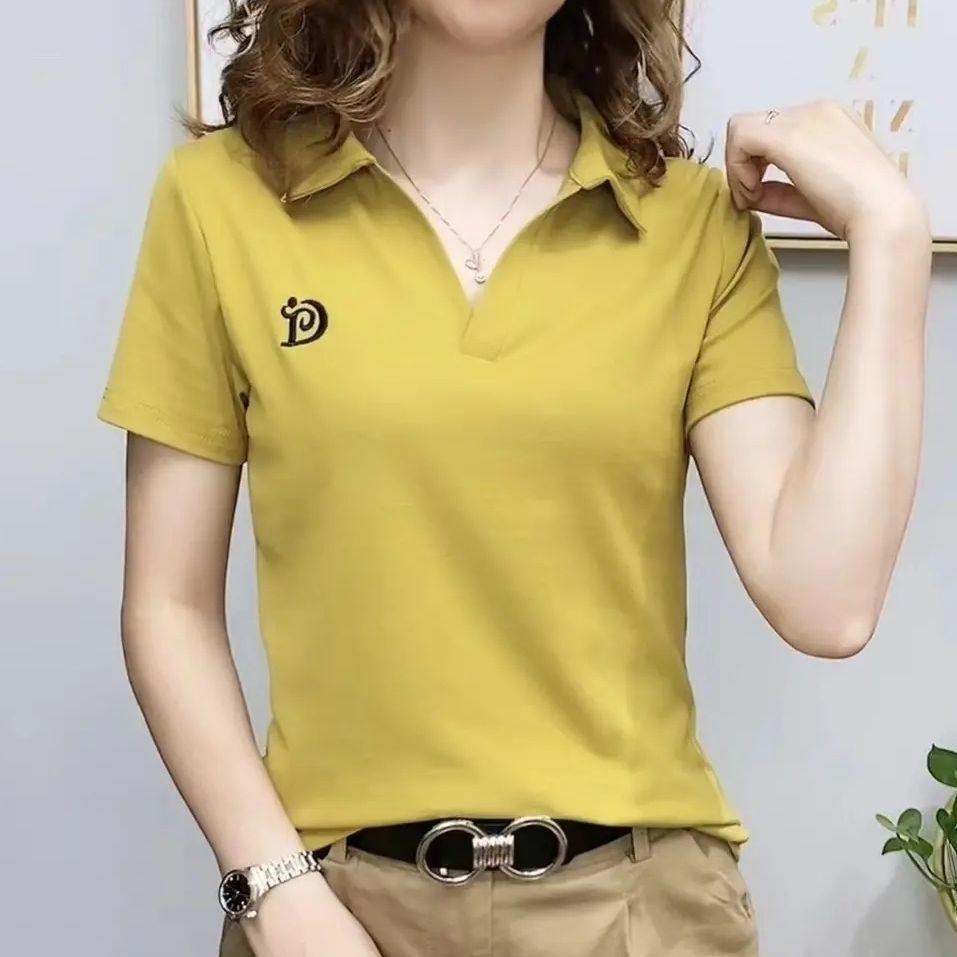 Polo T Shirt Kadınlar için Kısa Kollu Yeni Yaz V Yaka Mektup Kazak Örme Tees Kadın Giyim Artı Boyutu Bayanlar Üstleri