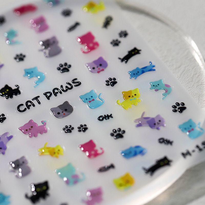 Cute Cat Paw Jelly Nail Stickers - Cartoon Adhesive Design Colorful Jelly Cat - 1 Sheet