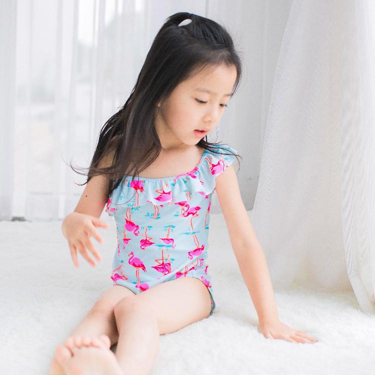 

Girls One-Piece Swimsuit - Baby Blue Flamingo One-Shoulder Design 4-5 Years