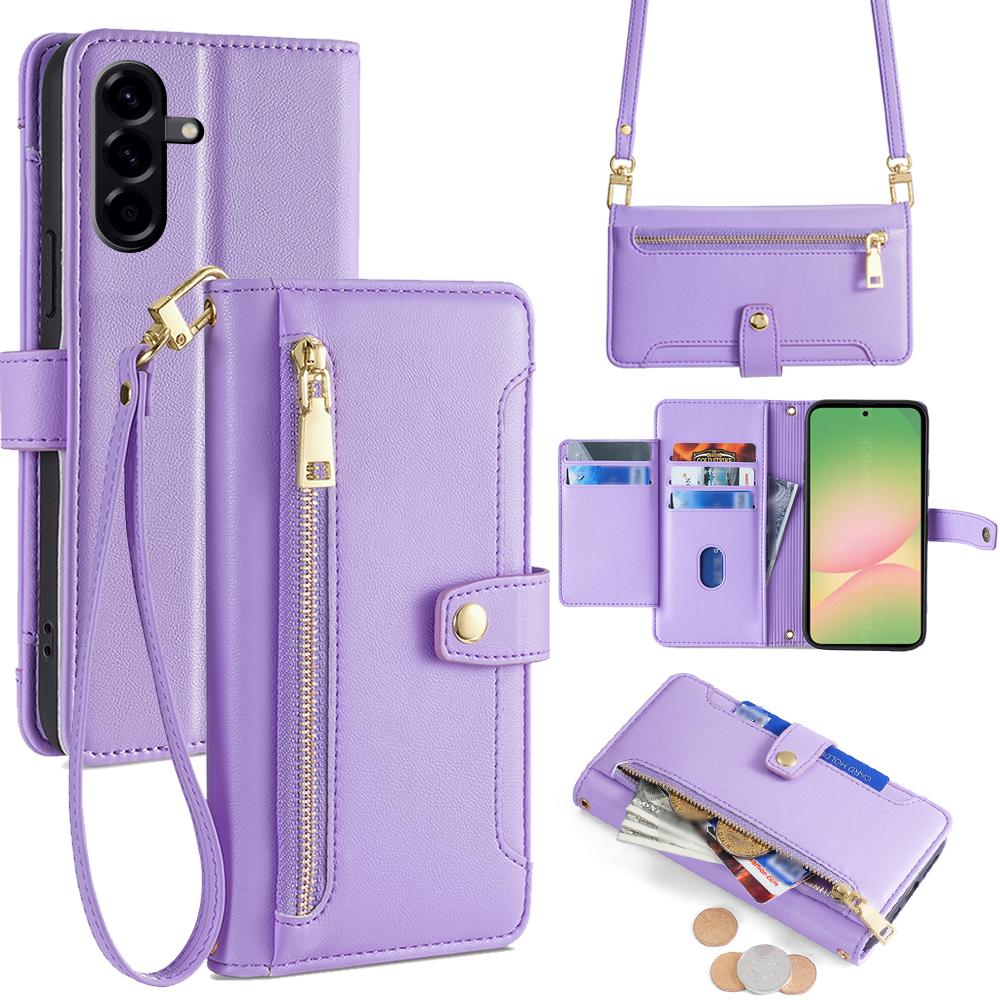 For Samsung Galaxy A56 5G Case Zipper Pocket Wallet Leather Phone Cover with 2 Straps