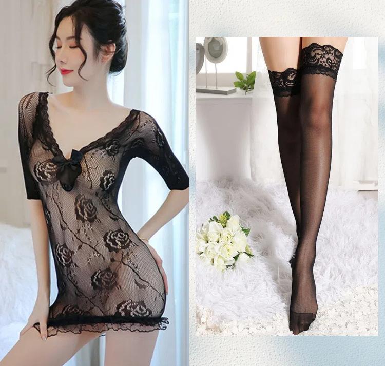 Sexy Underwear, Sexy Mesh, Hand-torn Lace, Flower Hip-wrapped Mesh Skirt, Black Stockings, Sexy Suit.