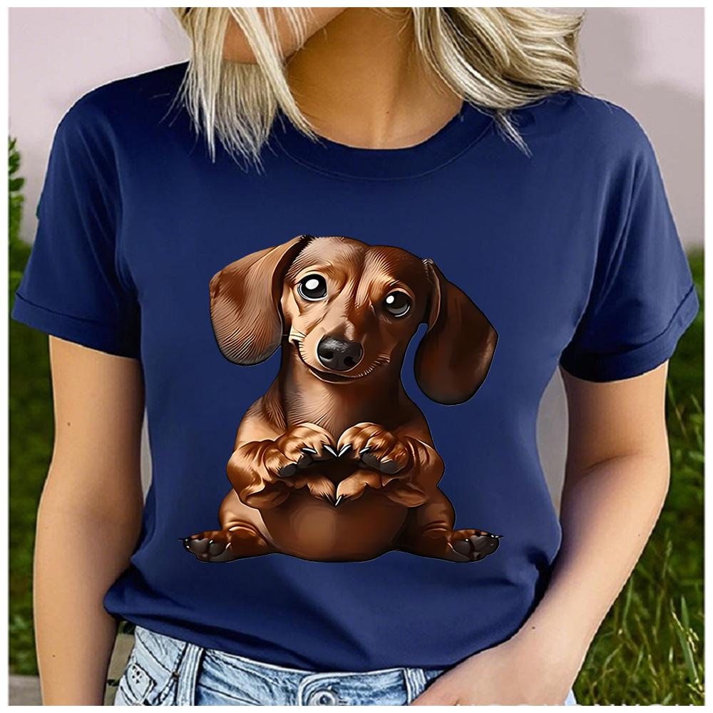 Polyester 100% Cute Dachshund Wiener Dog Heart Paws Graphic Women T-Shirt Pet Lover Cartoon Puppy Short Sleeve Casual Summer Tee