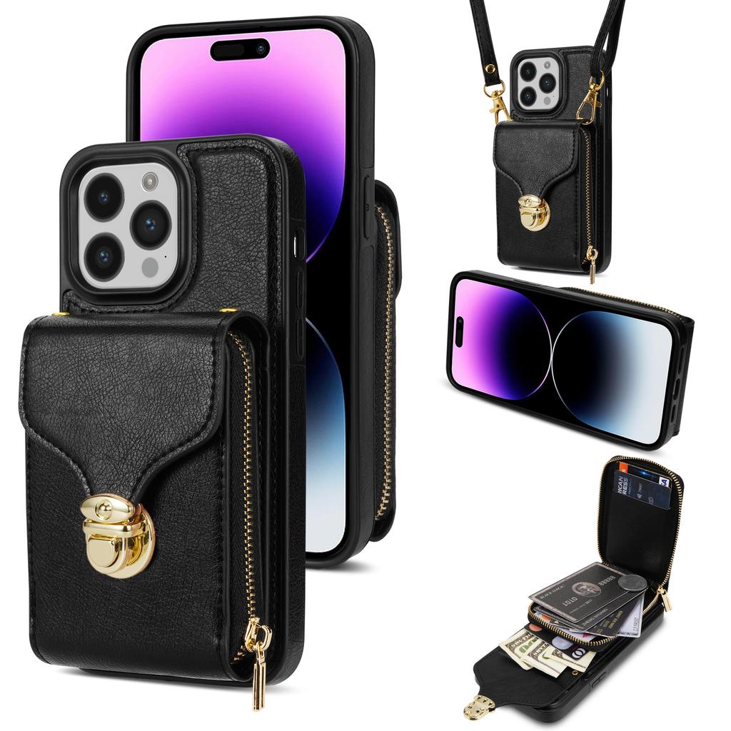 Crossbody iPhone Hülle mit Umhängeband, Kartenfach, Reißverschluss - Passend für Apple Handys 13-15, 12 Pro