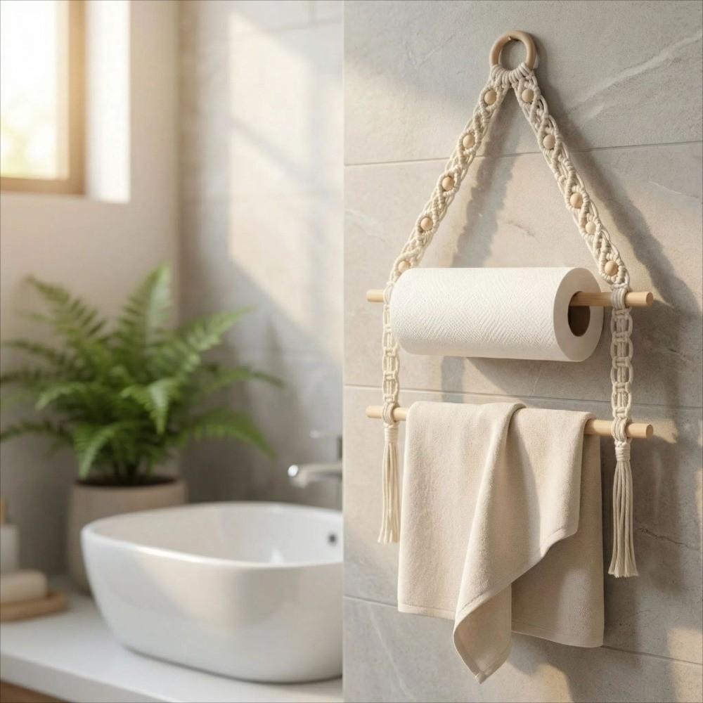 Double-layer Wooden Towel Holder Hand-woven Toilet Paper Holder Tissue Paper Racks  Bathroom