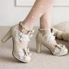 Fashion Spring Autumn New High Heeled Sweet Lolita Gothic Style Cosplay Shoes Girls Lovely Bow Tie Bead Women Pumps Lace Cross Strap