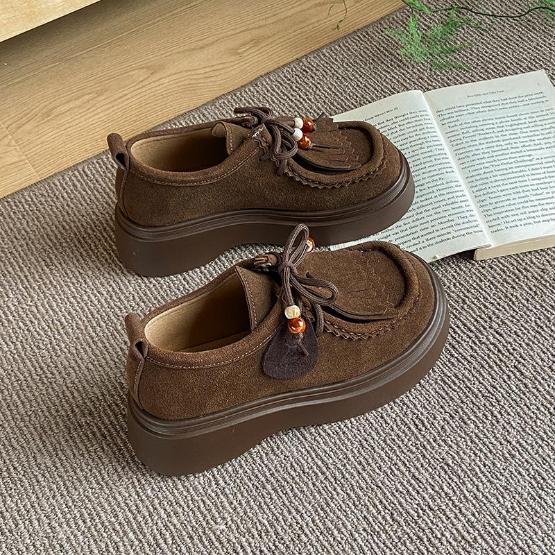 Fashion 5CM Women‘s Casual Loafers Anti-Fur Leather Derby Shoes Tassel Design Heightening Monk Shoes Slip-On Comfortable Rubber Sole