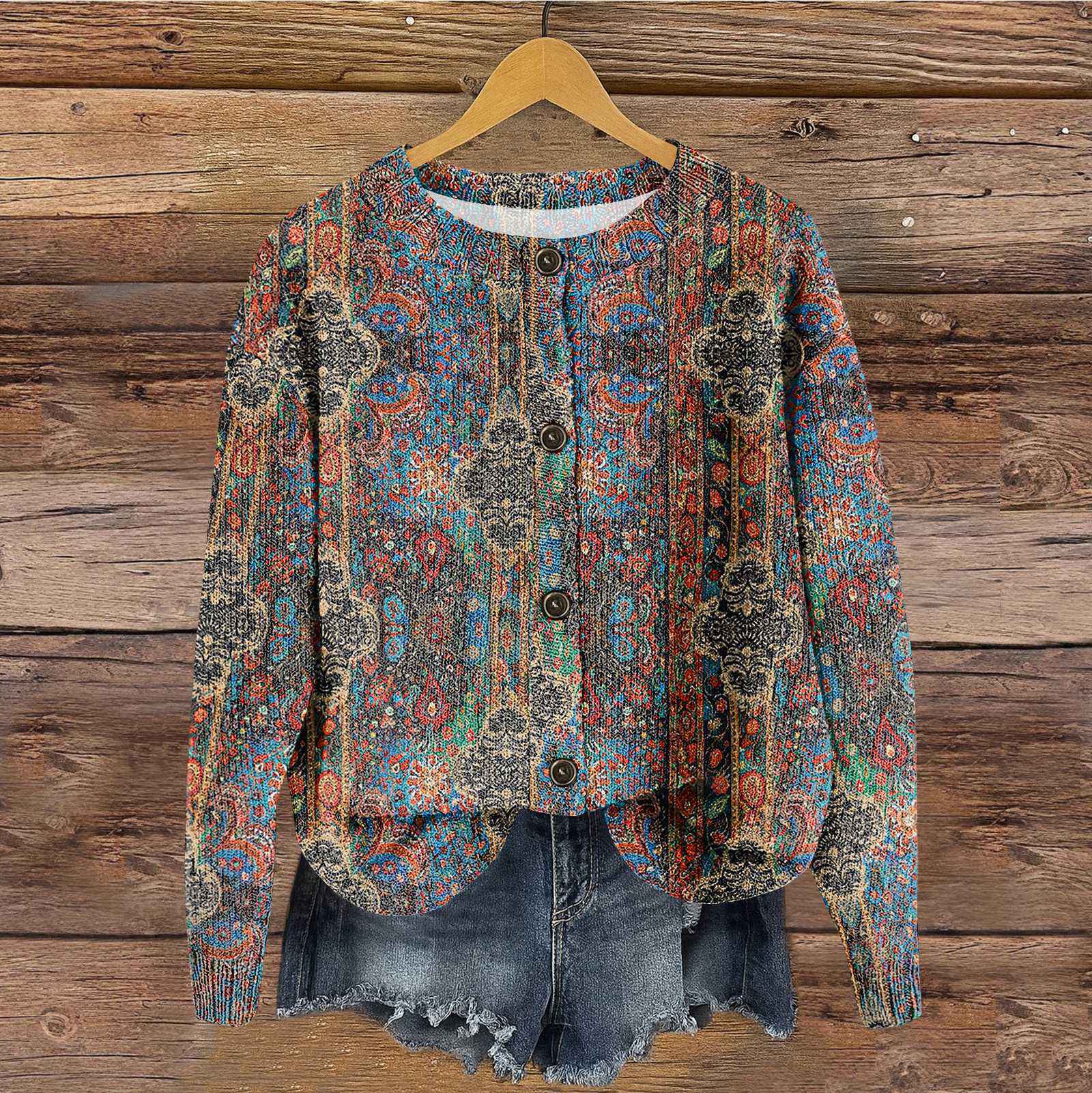 

Women s Vintage Knit Button Vintage Print Cardigan Jacket L