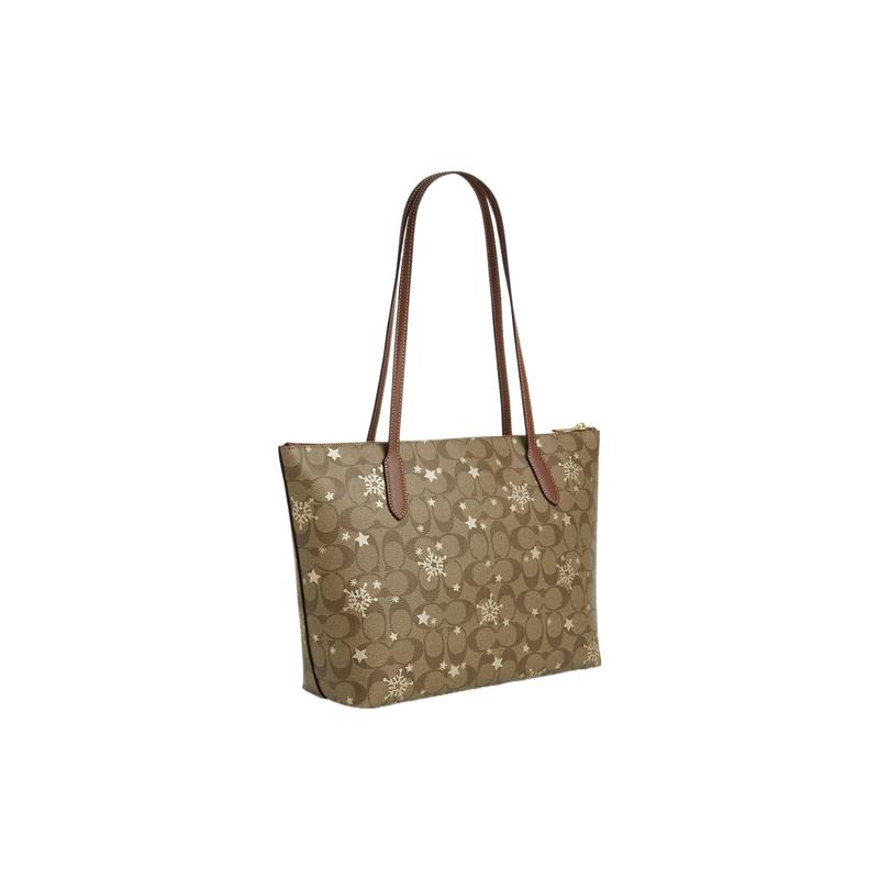 COACH shoulder bag Zip Top Tote 29 Classic Old Flower Snowflake Print Zipper Closure Color Matching Leather Tote Tote Shopping Large Size Women's