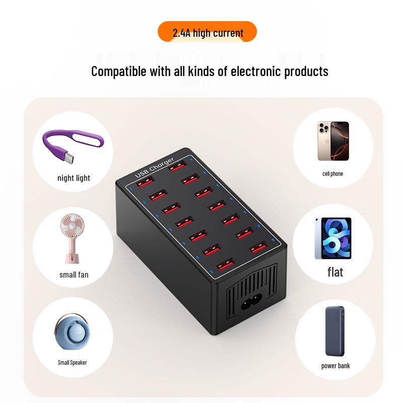 14-Port Smart USB Charger, 60W Multi-Port Mobile Phone Charging Hub for Office & Live Streaming