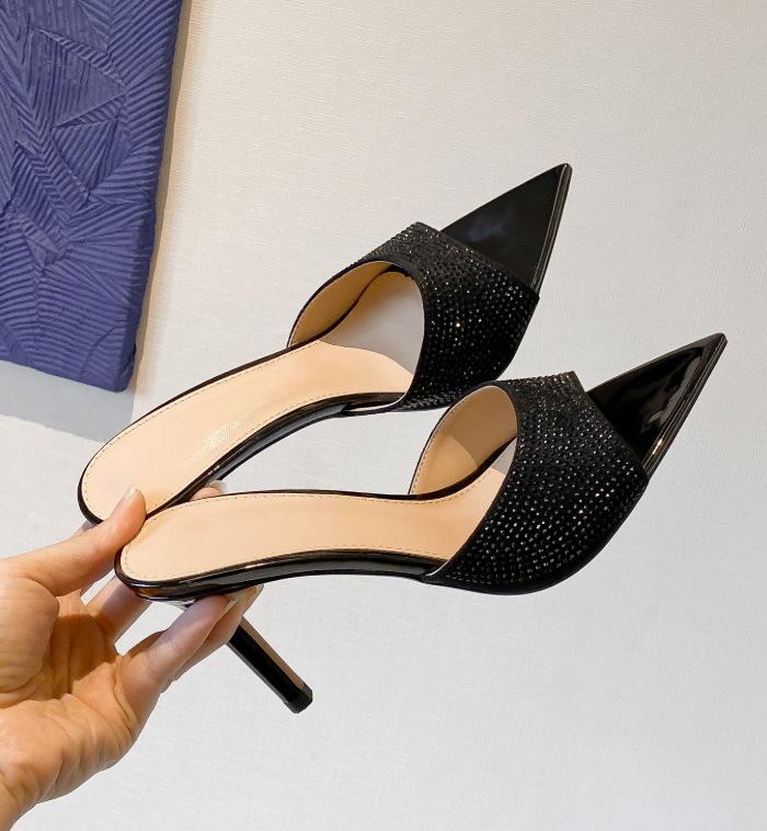 Huizhou 2025 European and American new fashionable full diamond pointed heel one-word drag black sexy open-toed high-heeled slippers