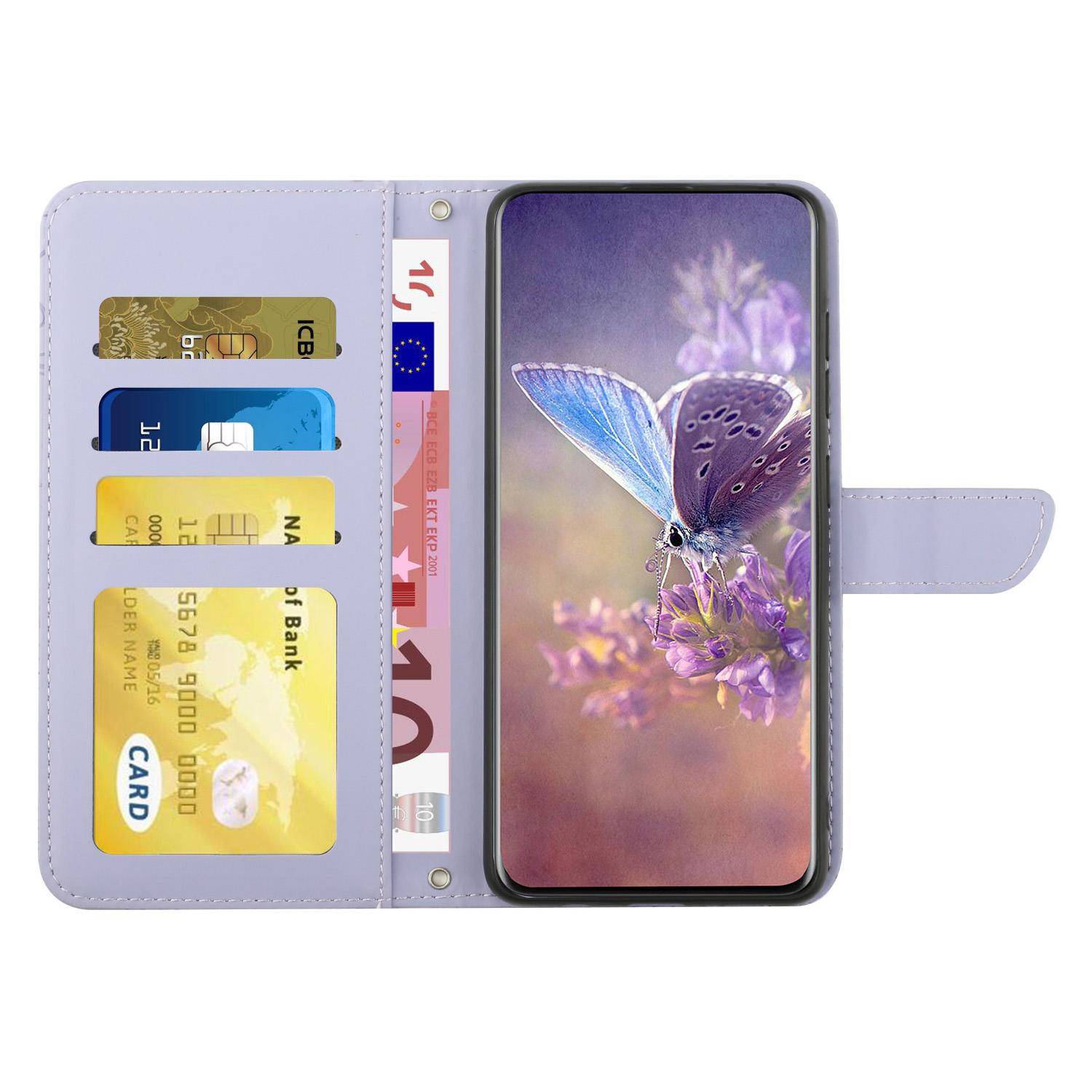 

HT03 For Honor 200 5G Case PU Leather Phone Cover with Hand Strap Butterfly Flower Pattern Purple