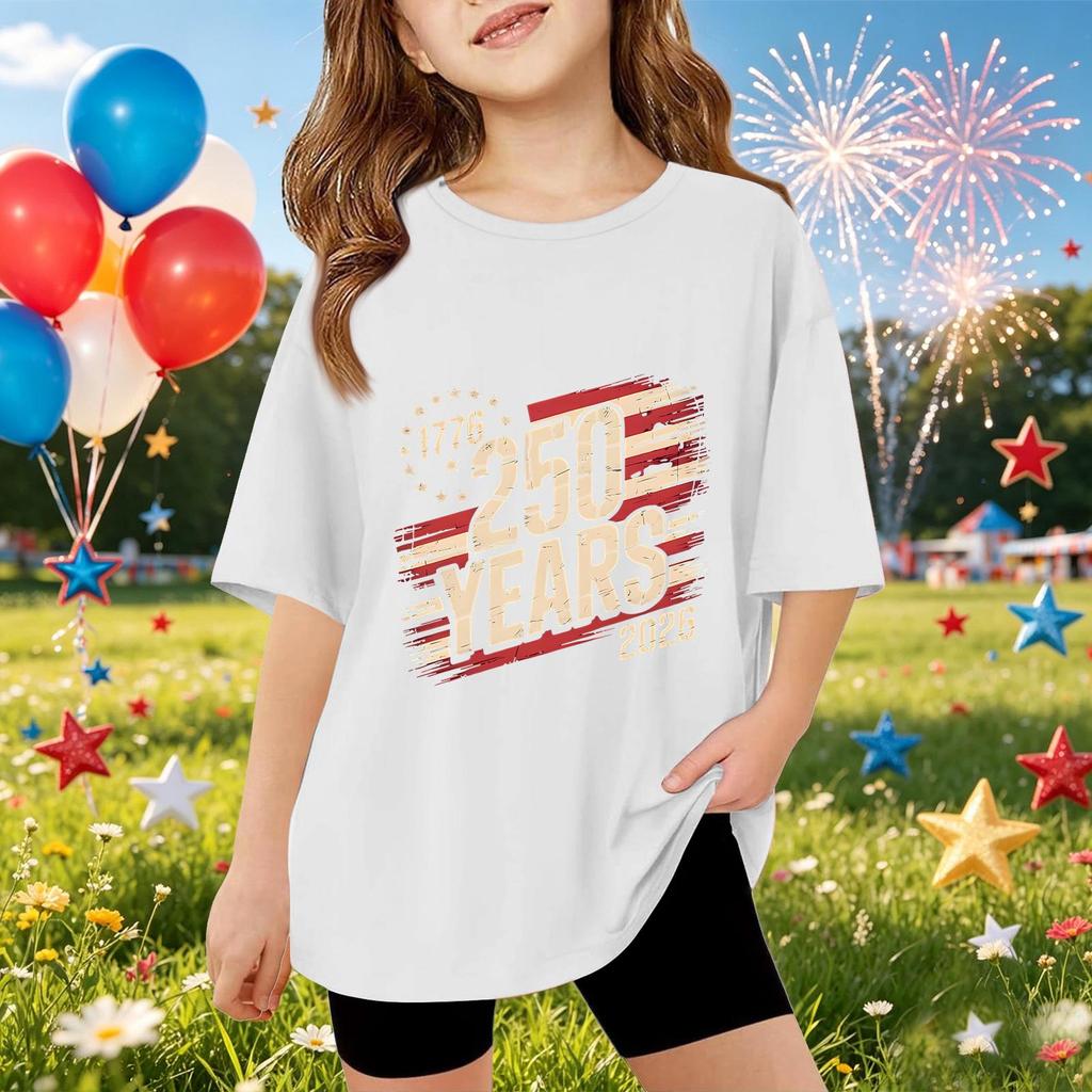 Kids Short Sleeve T Shirt 250 Years Commemorative Graphic Tee Independence Day 1776 2026 Casual Fit Cotton Top for Boys and Girls