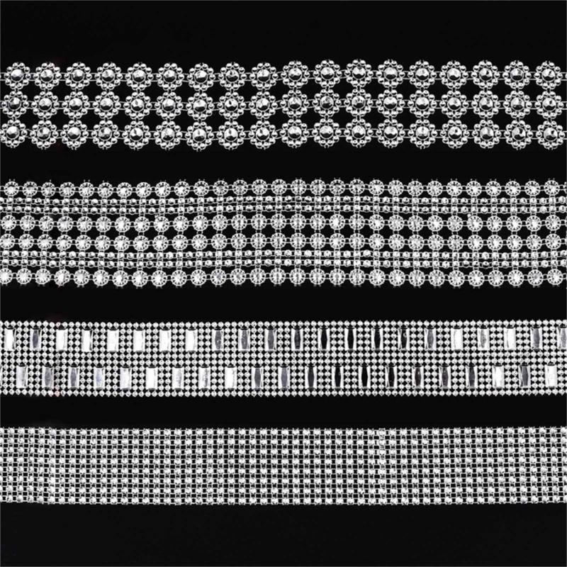 4 Rolls 8 Yards Rhinestones Mesh Ribbon, Sparkling Diamond Ribbon Trim for Art Craft, Birthday Wedding Cake Decoration