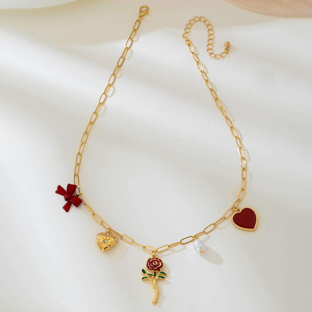 Fashion Red heart imitation pearl bow Necklace For Women Ladies