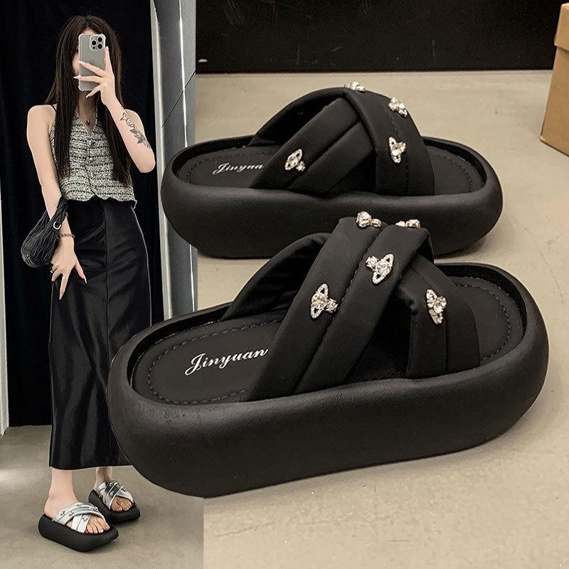 Cross Sweet Cool Bread Cool Slippers Female 2025 Summer Rhinestone Belt Thick Bottom Outer Wear Beach Flip