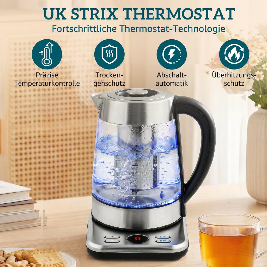 Electric Kettle, 1,7L Fast-Boiling 2200W Kettle with UK Strix Thermostat, Tea Filter, Keep-Warm Function