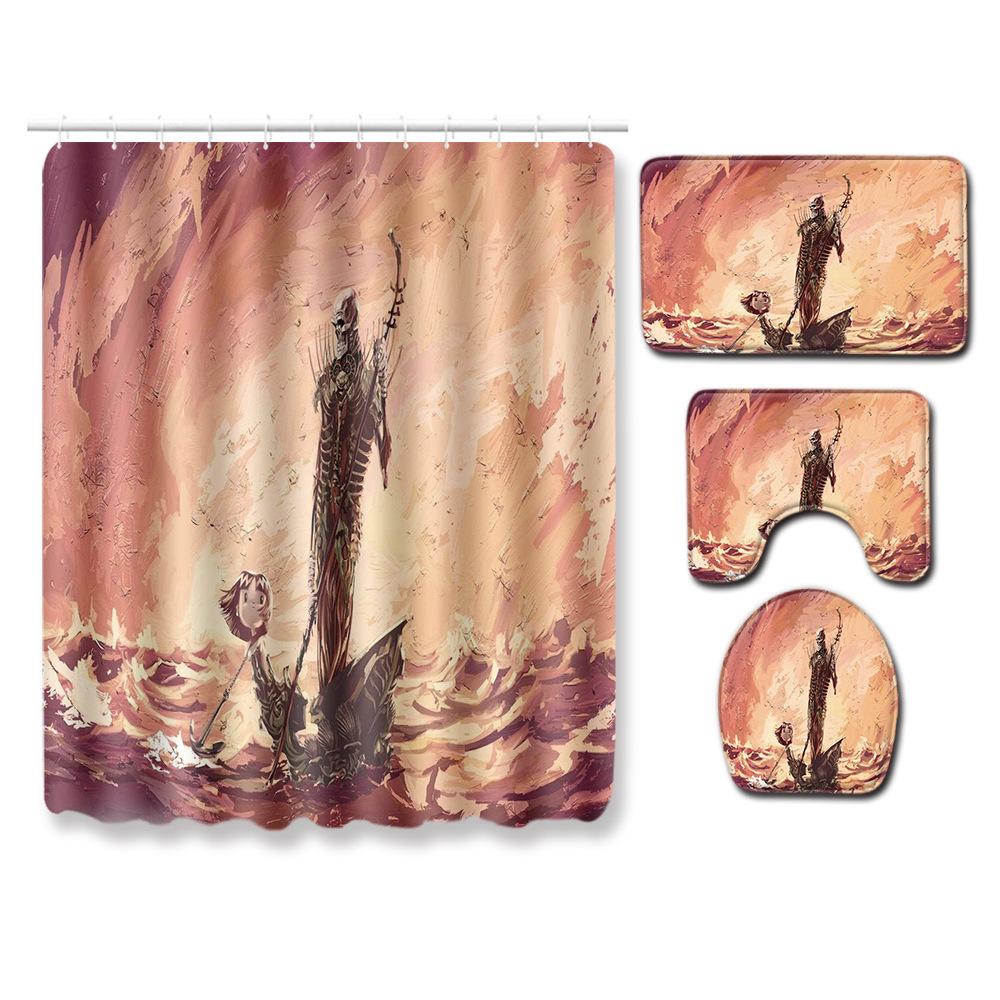 Skull Shower Curtain Floor Mat Combination Four-Piece Set Bathroom Toilet Carpet Shower Room Mat Foot Mat