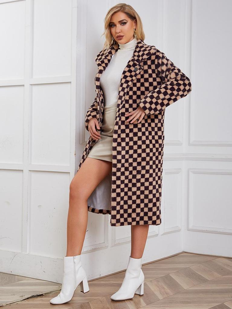 2023 Women's Mid-Length European & American Faux Fur Plaid Coat