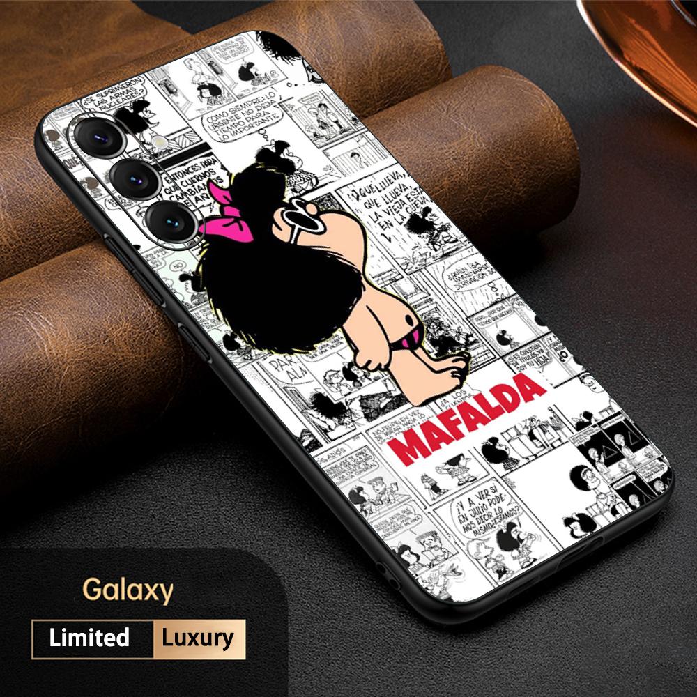 Cute Mafalda Girl Fashion Pattern Phone Case For Samsung Galaxy S25 S24 S23 S22 S21 S20 Plus Ultra Note20 Soft Black