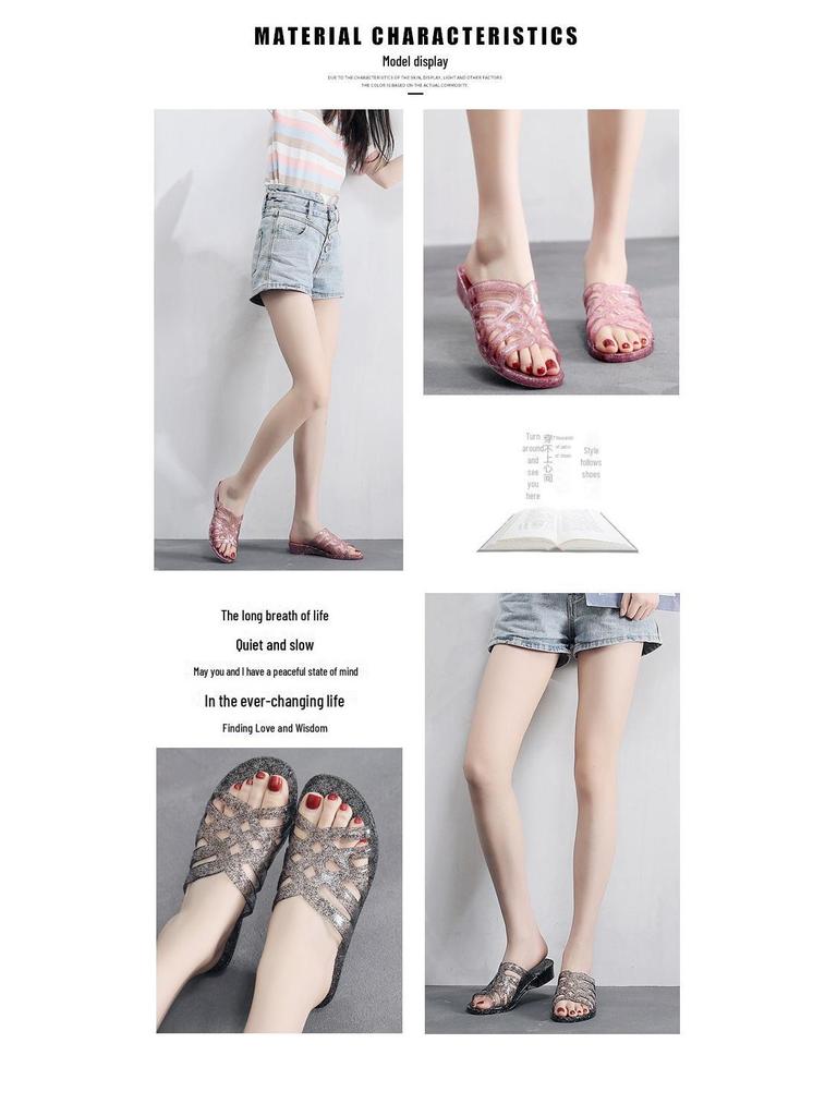 Women's Fashion Crystal Wedge Sandals: Summer Non-slip Hollow Bath Flip Flops
