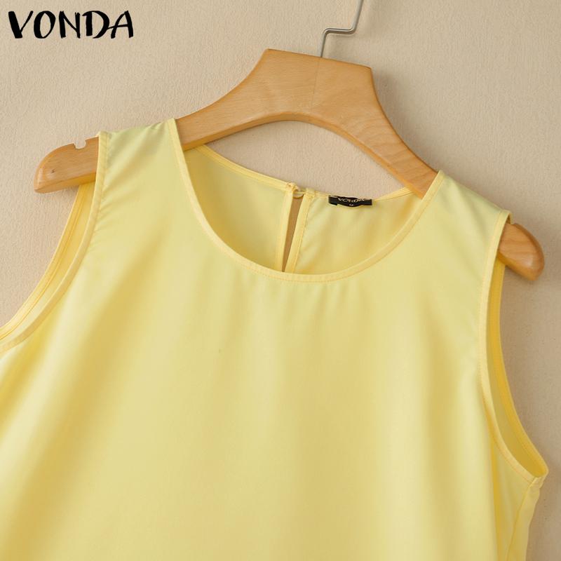 VONDA Women Summer Sleeveless Solid Color Casual Pleated Tank Tops