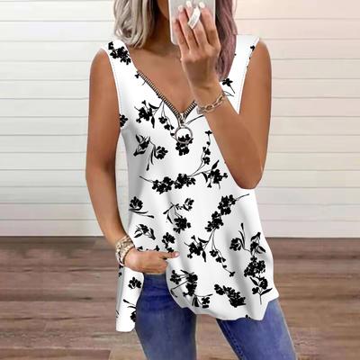 Damski Top Letni Czarny z Nadrukiem Roślin Casualowy Plus Size Bez Rękawów Zapinany na Zamek Dekolt w Serek Top Tank