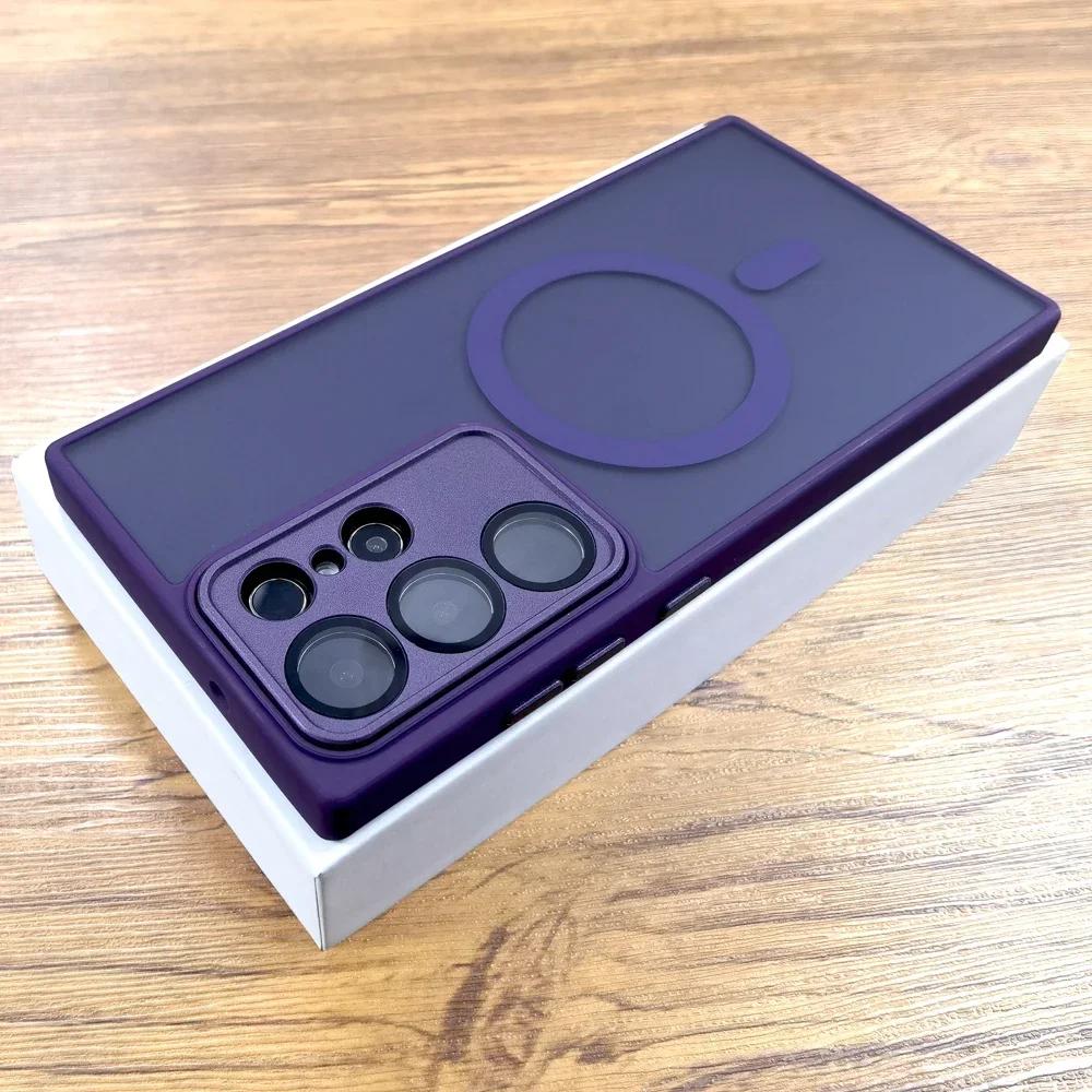 

Розкішний матовий чохол для Samsung Galaxy S25 S24 23 S22 Ultra Plus S24Ultra S25 Ultra Для Magsafe Бездротова зарядка Захисне скло для камери For Samsung S23 темно-фіолетовий колір