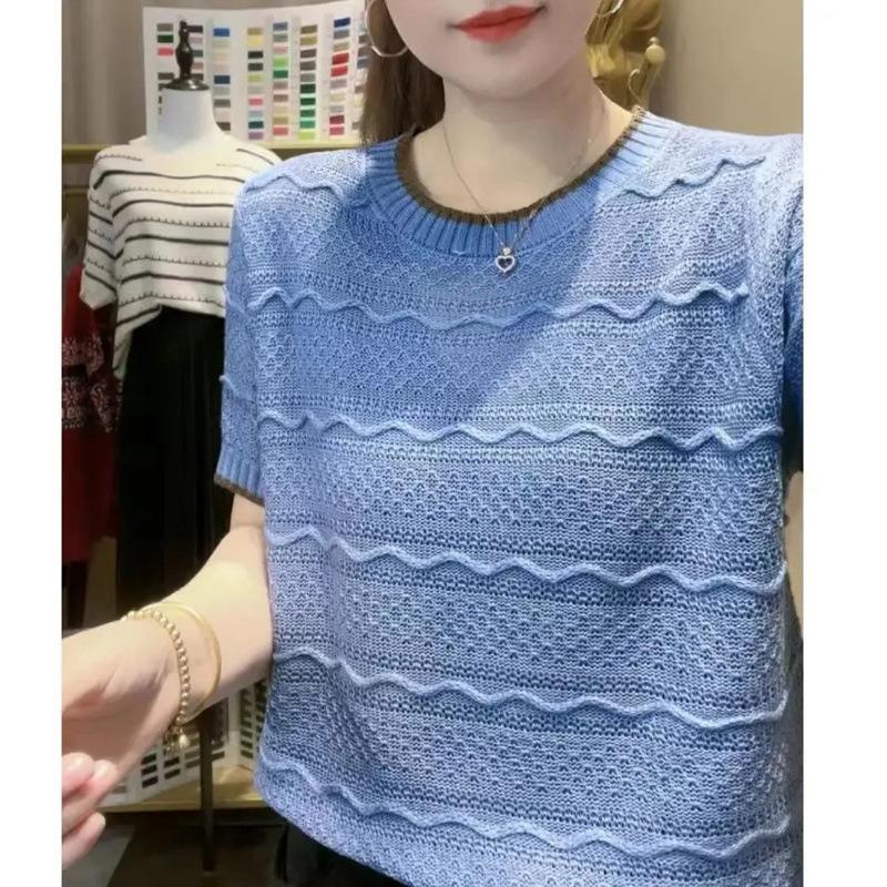 Summer Round Neck Knitted T-shirt Striped Hollow Ice Silk Knitted Short Sleeved T-shirt for Women
