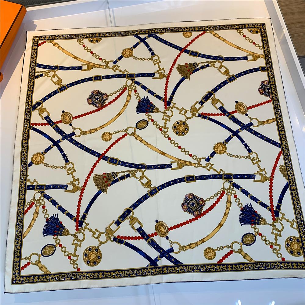 90Cm Square Scarf Women Luxury Belt Chain Design Foulards Twill Silk Scarves Wraps Hand Rolled Bandana Curled Head Scarves Hijab