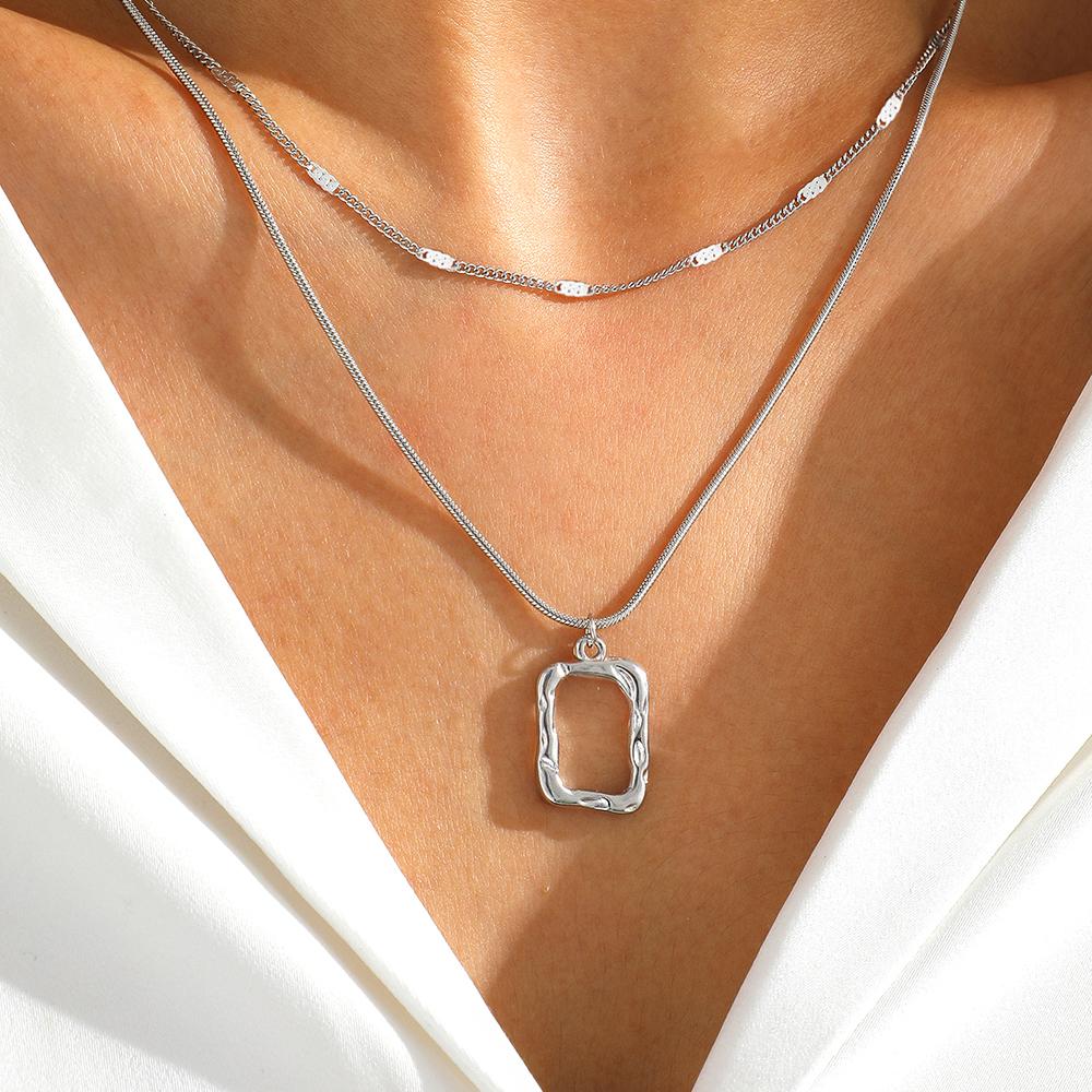 Stainless Steel Necklace Classic Fashion Openwork Square Pendant Layer Chain Necklace For Women Zircon Party Personalized Gifts