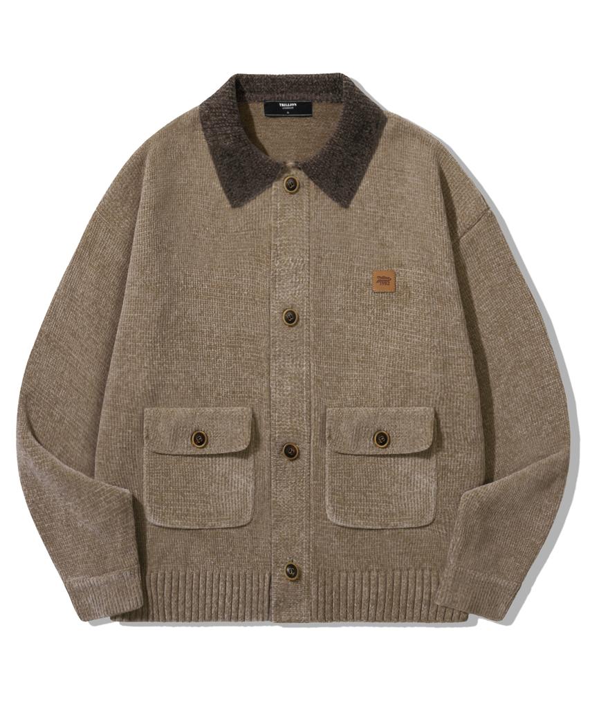 TRILLION Leather Patchwork Velvet Cardigan Knit_Beige