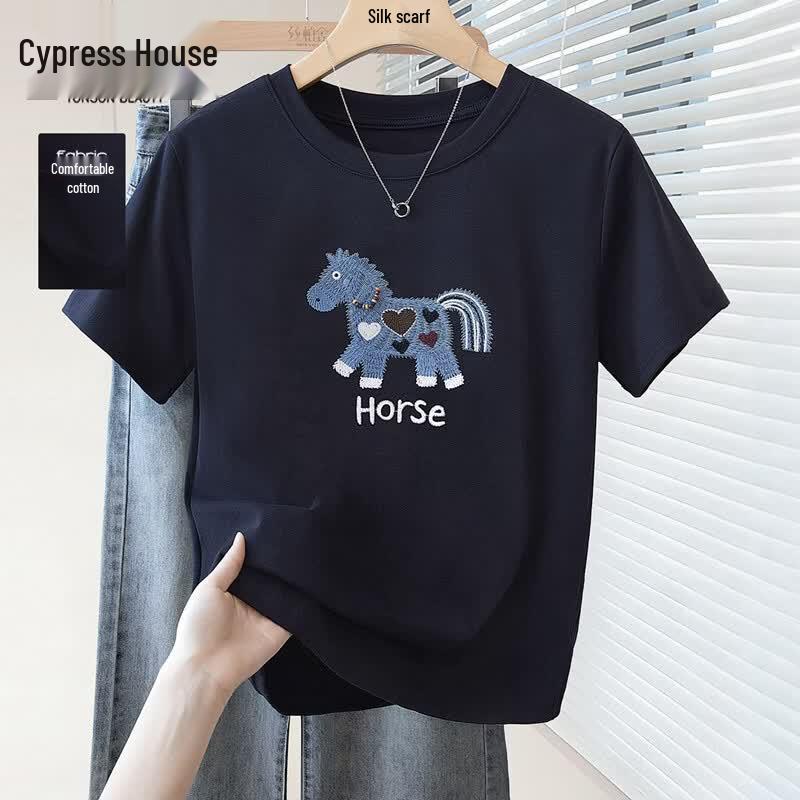 Sipaishe Women s Little Horse Embroidered Slim Fit Short Sleeve T-shirt M