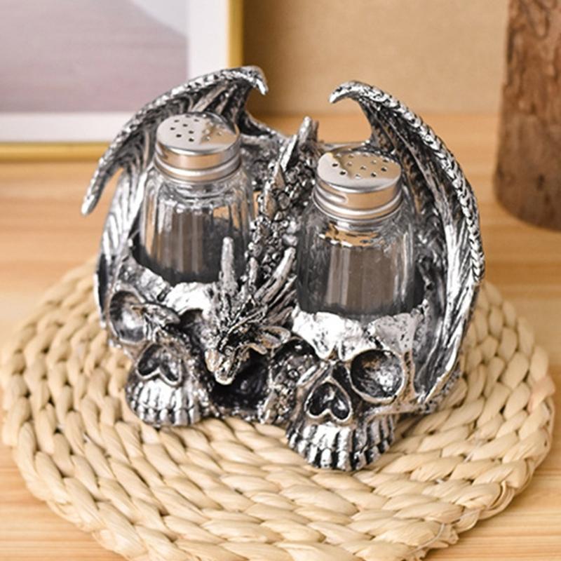 Scary Dragon Skull Statue Resins Figurine with Spices Shaker Holder Rack for Halloween Party Kitchen Restaurant Decors