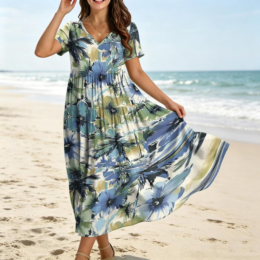Robe longue à fleurs style bohémien pour femmes, décontractée, ample, manches courtes, longue, Maxi, robe de plage, été