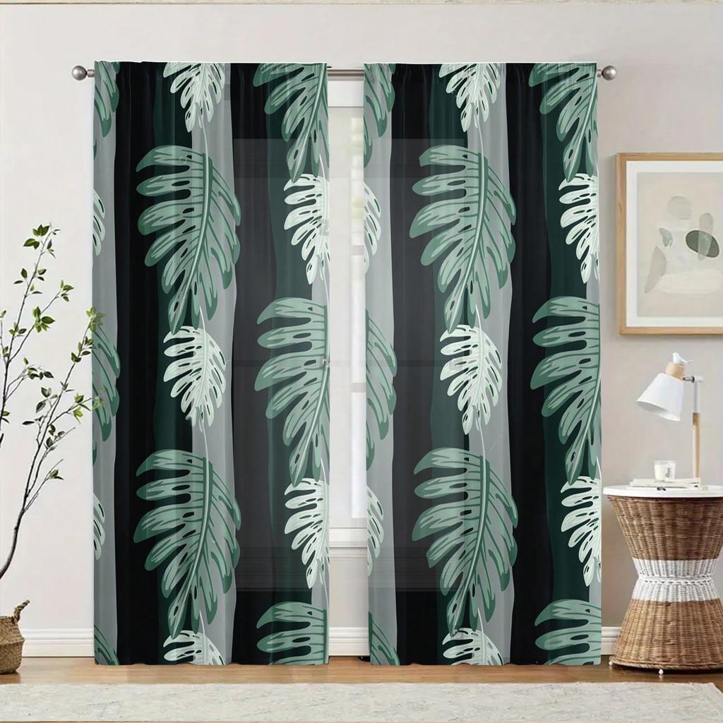 2pcs Tropical Plant Pattern Curtain   Dark Green And Gray Color   Fresh And Natural   Rod Pocket Design   Blackout And Heat Insulati
