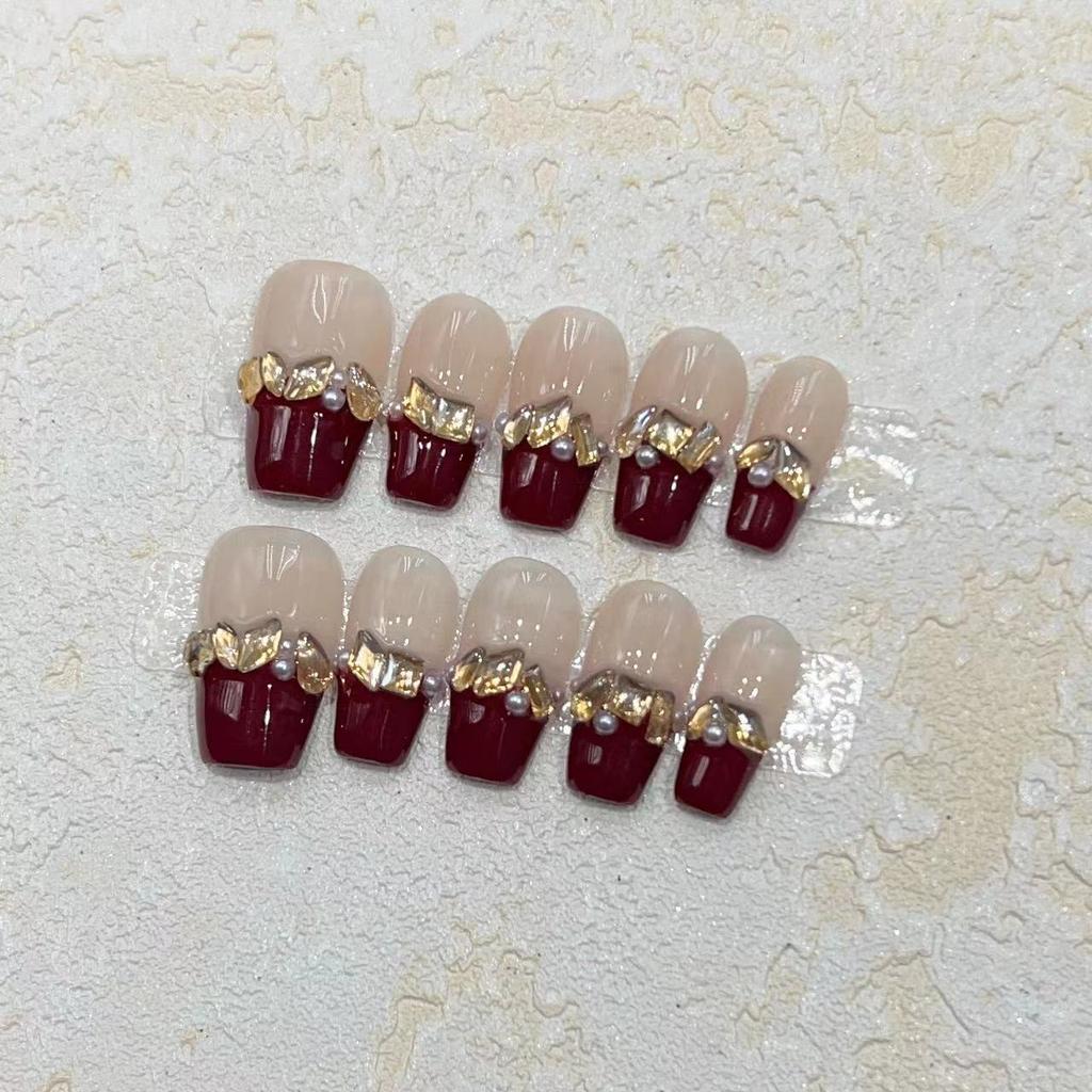 New Year's Manicure Hand-wearing Nails Handmade Wine Red New Year's Manicure French Flash Champagne Diamond
