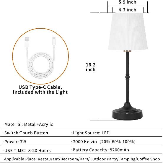 Fabric Shade Cordless LED Desk Lamp with Dimmer, Built-in Rechargeable Battery, 3-Level Brightness, Bedside Night Lamp,Patio Table Lamp, Ambient