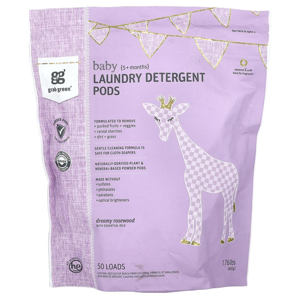 Grab Green Laundry Detergent Pods, Infants 5+ Months, Dreamy Rosewood and Essential Oils, 50 Servings, 1.76 Lbs (800 G)