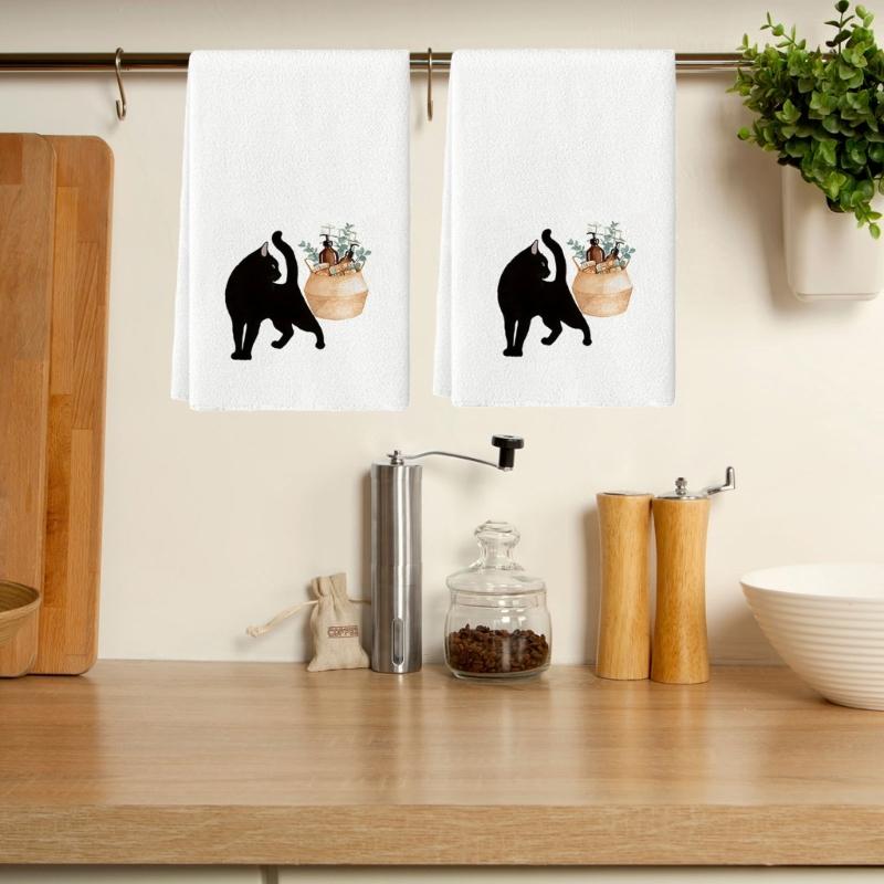 Set of 2 Decorsative Cats Themed Kitchen Towels Quick Drying Dishcloths Hand Towel For Countertop Decors Practical Use